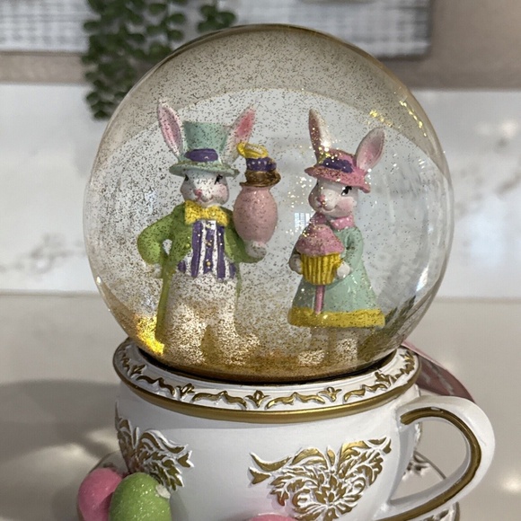 Tea Cup & Saucer Easter Rabbit Musical Snow Globe - Picture 5 of 5